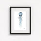 jellyfish print on wall in black frame  on white wall
