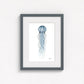 jellyfish print on wall in grey frame  on white wall