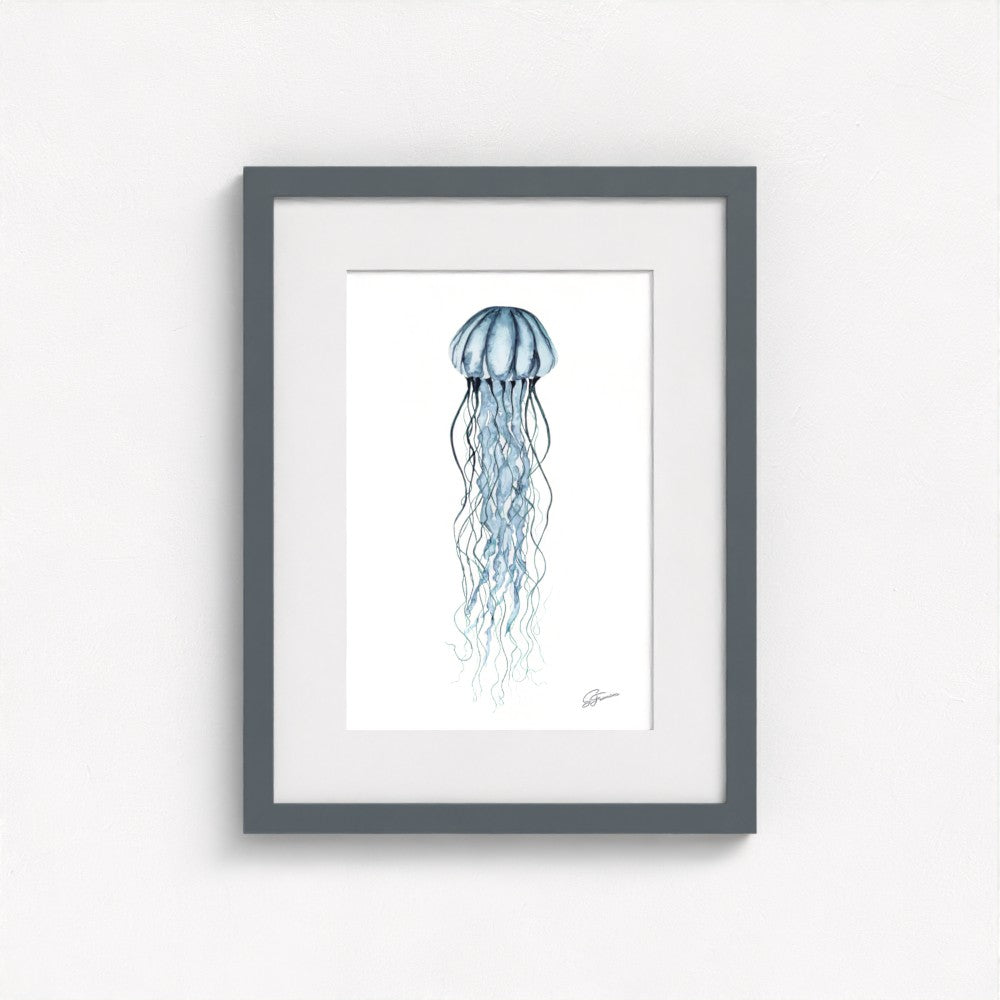 jellyfish print on wall in grey frame  on white wall