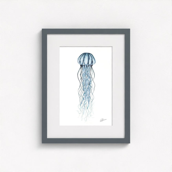 jellyfish print on wall in grey frame  on white wall