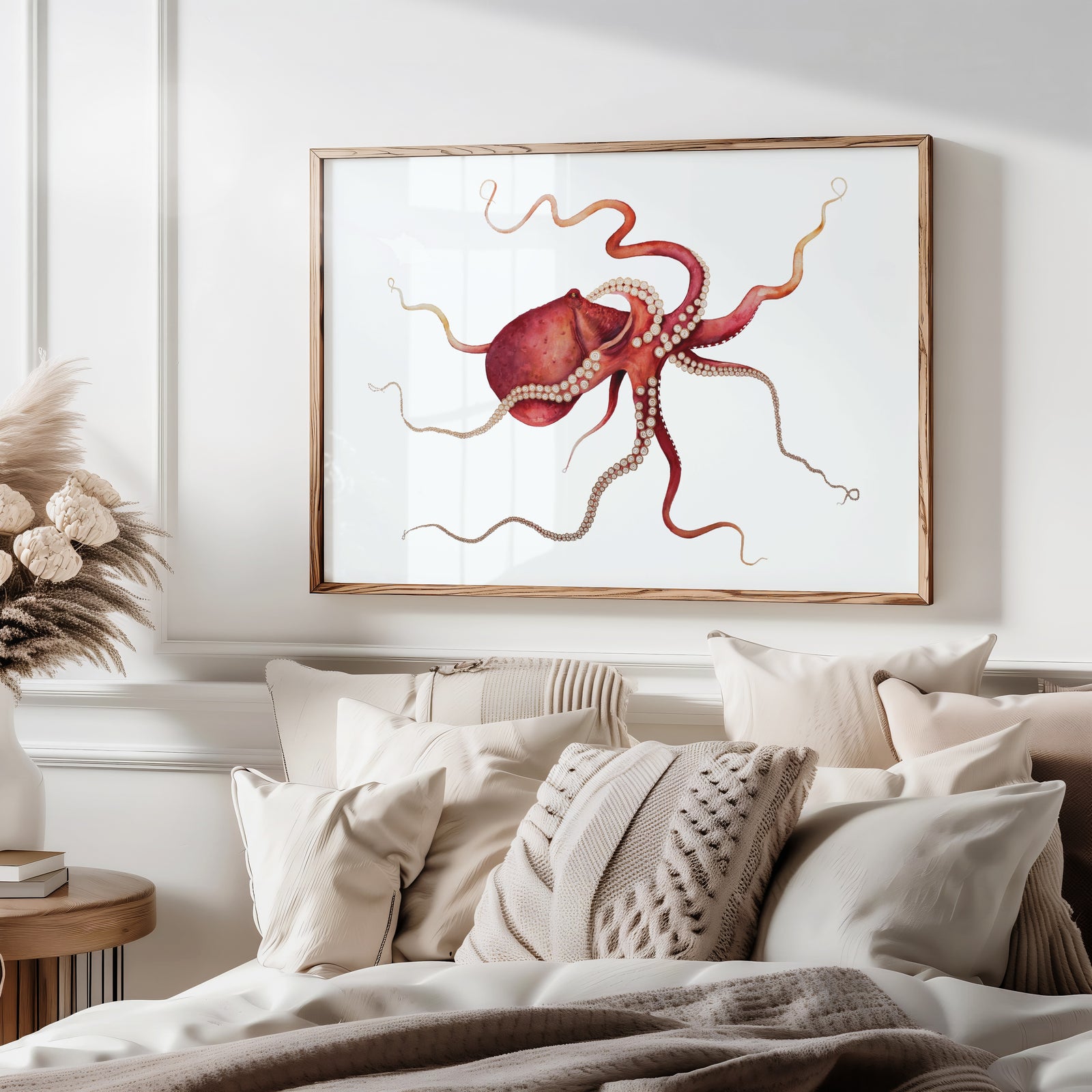 Living room with a framed octopus artwork on the wall above a sofa.