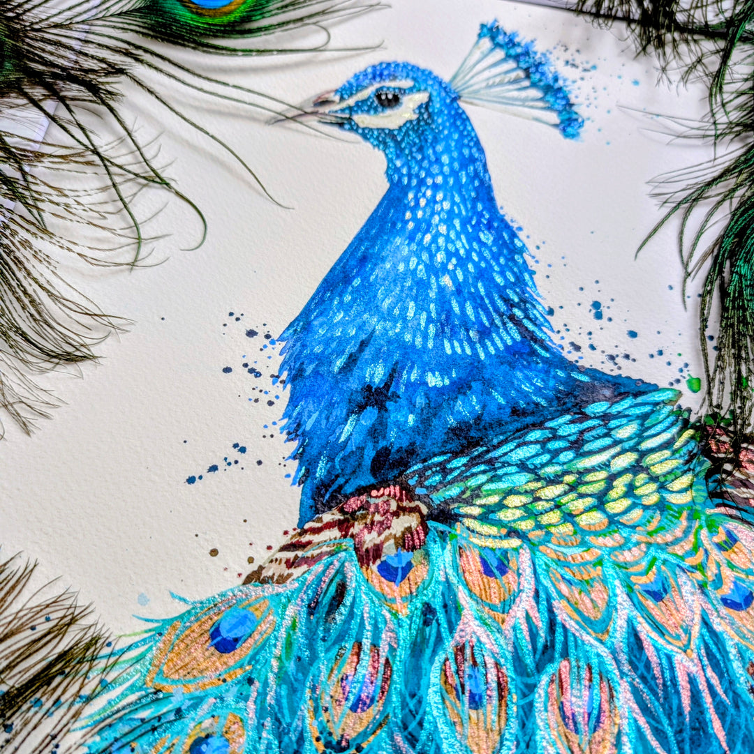 Colorful illustration of a peacock with feathers and branches on a light background