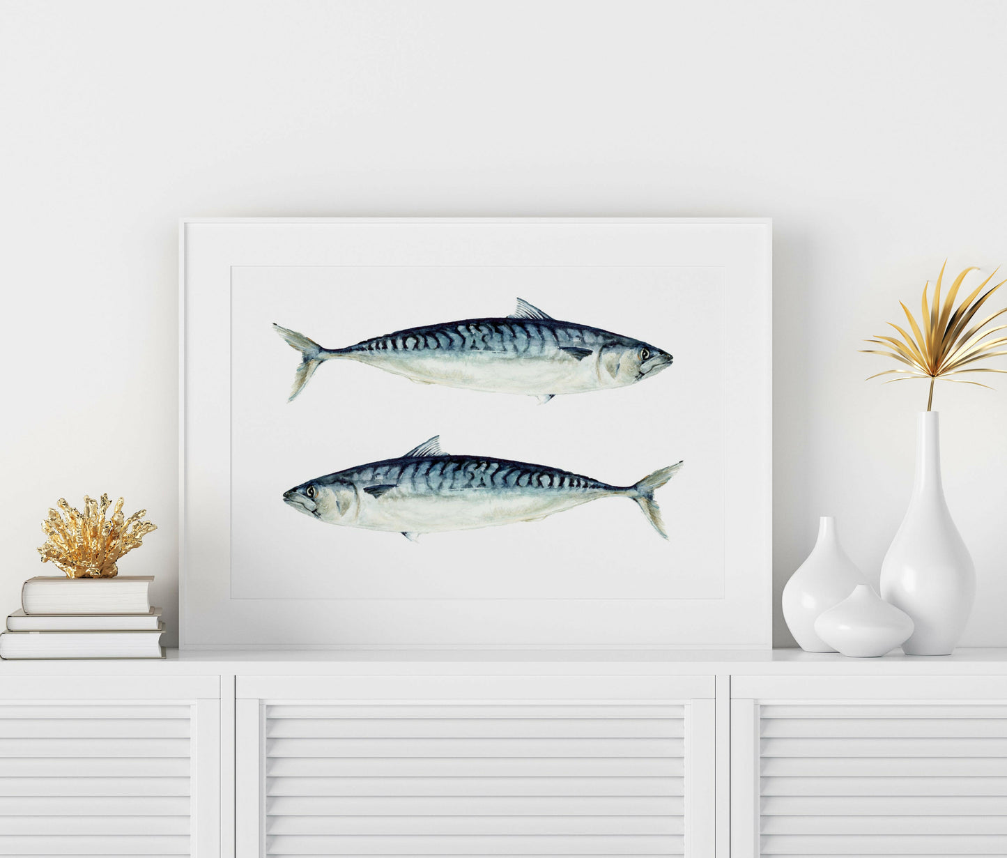 Mackerel with white back ground, with a white frame on a white shelf with white accessories