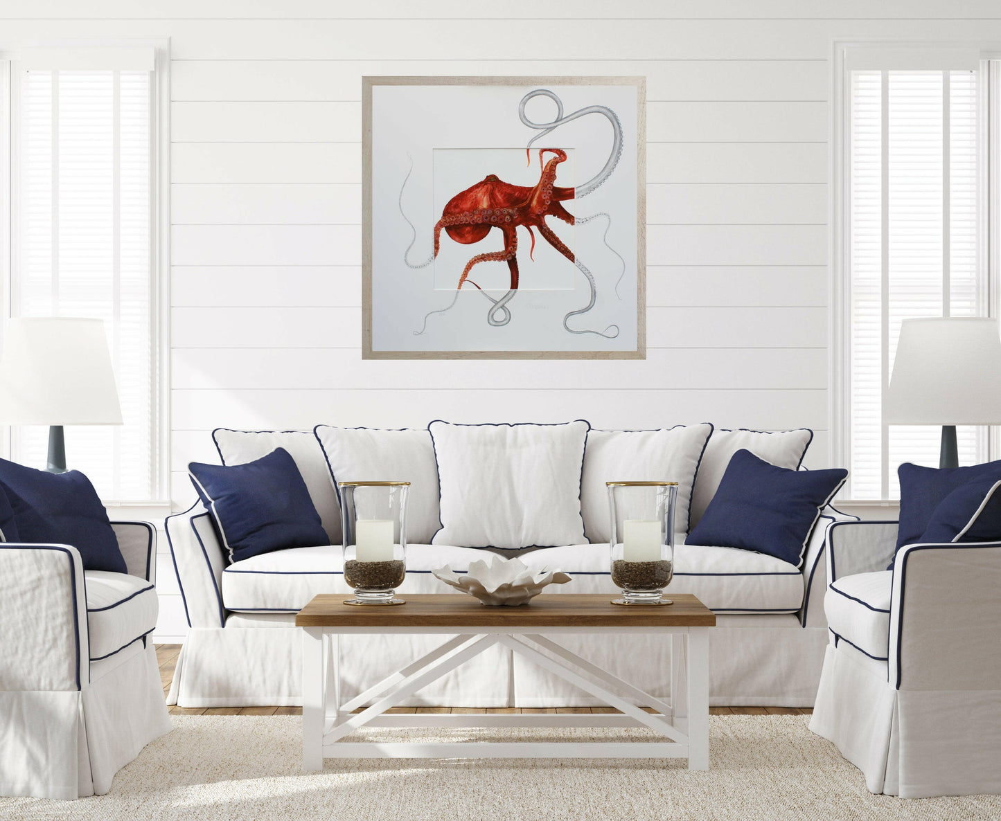 Octopus Watercolour print with Unique Sketched Mount in a coastal syledliving room